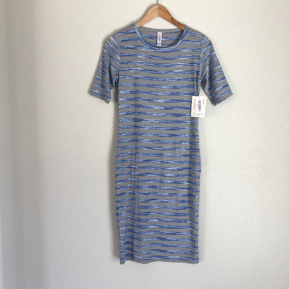 LuLaRoe Julia Tee Shirt Dress Blue Gray Stripe NWT